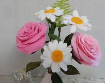 Pink Felt Rose Daisy Flower Stem Bouquet, Floral Arrangement