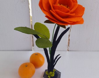 Orange Felt Rose, Black Felt Mondo Grass,  Freestanding Flower Arrangement