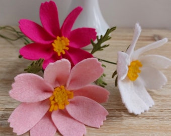 Set of 3, Pink, White, Fuchsia Felt Cosmos Flower Stems