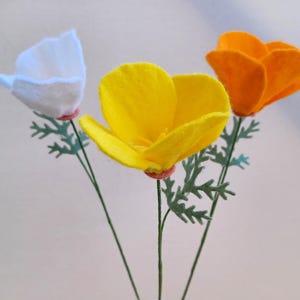 One Felt California Poppy Flower Stem, Orange, Yellow, White