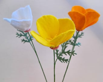 One Felt California Poppy Flower Stem, Orange, Yellow, White