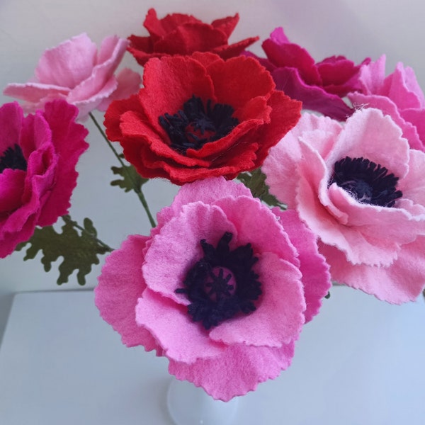 Pink Red Felt Poppy Flower Stems