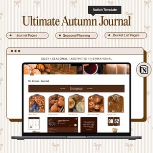 Peut inclure: Un ordinateur portable affiche un journal numérique sur le thème de l'automne. L'écran montre des pages de journal, une planification saisonnière et des pages de listes de choses à faire. Le texte "Ultimate Autumn Journal" est affiché au-dessus de l'ordinateur portable.