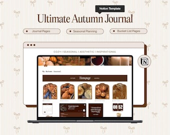 May include: A laptop displays a digital journal with an autumn theme. The screen shows journal pages, seasonal planning, and bucket list pages. The text "Ultimate Autumn Journal" is displayed above the laptop.