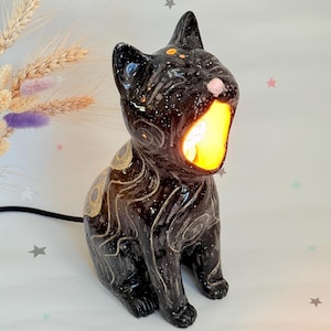 Сeramic Black Cat Lamp – Handmade Nightstand Lamp with Galaxy Pattern, Cozy Home Decor Gift