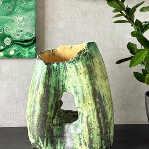 Sculptural Green Ceramic Vase — Wabi Sabi Rustic Clay Decor — Handmade Modern Clay Art Object