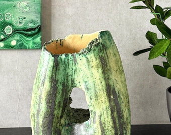 Sculptural Green Ceramic Vase — Wabi Sabi Rustic Clay Decor — Handmade Modern Clay Art Object