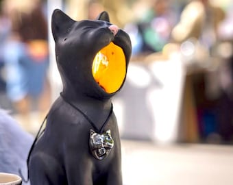 Lampe chat noir en céramique – Veilleuse originale – Décoration de chambre, cadeau idéal pour les amoureux des chats