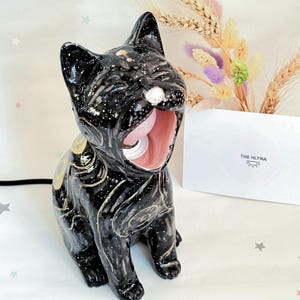 Cosmic Black Yawning Cat Lamp Made to Order – Handmade Ceramic Galaxy Light, Cozy Home Decor Gift