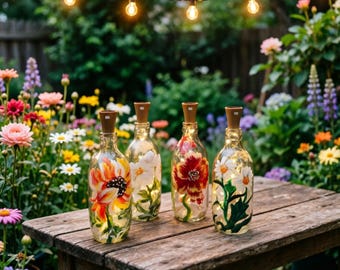 Lámpara de noche de jardín personalizada pintada a mano, jarrón solar con forma de flor personalizado para el patio, lámpara cálida de mesilla de noche, botella con brillo relajante