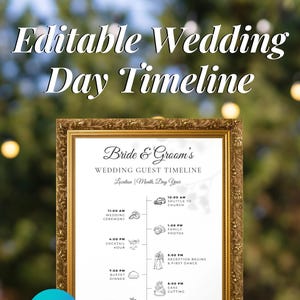 Puede incluir: Un marco dorado muestra una línea de tiempo editable del día de la boda. El texto "Editable Wedding Day Timeline" es visible. La línea de tiempo detalla eventos como "Ceremonia de boda", "Cocktail Hour" y "Fuegos artificiales". Los logotipos de Canva y Ever After Edit están presentes.