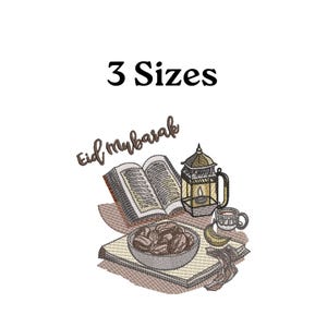 May include: An embroidered design featuring an open book, a lantern, a bowl of dates, and a cup of coffee. The text "Eid Mubarak" is above the objects, and "3 Sizes" is at the top.
