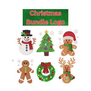 Può includere: Una collezione di ricami a tema natalizio, tra cui un pupazzo di neve, un albero di Natale, un omino di pan di zenzero, una ghirlanda e una renna. I disegni sono colorati e festosi. Il testo "Christmas Bundle Logo" è in alto.