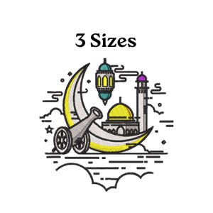 May include: An embroidered design featuring a yellow crescent moon, a cannon, a mosque with a yellow dome, and a lantern. The design includes the text "3 Sizes" in black, and is surrounded by clouds and stars.