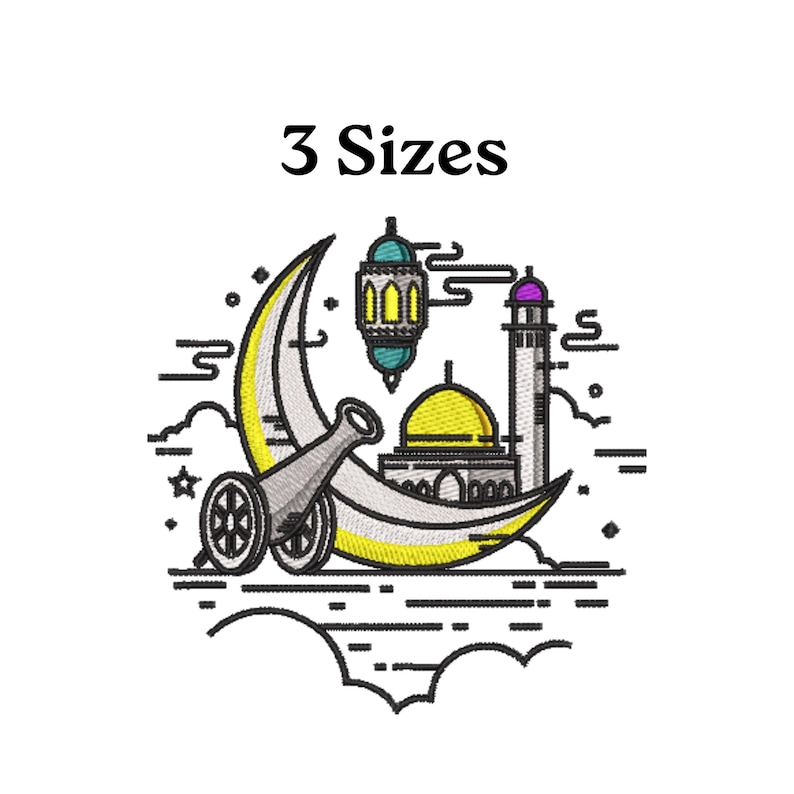 May include: An embroidered design featuring a yellow crescent moon, a cannon, a mosque with a yellow dome, and a lantern. The design includes the text "3 Sizes" in black, and is surrounded by clouds and stars.