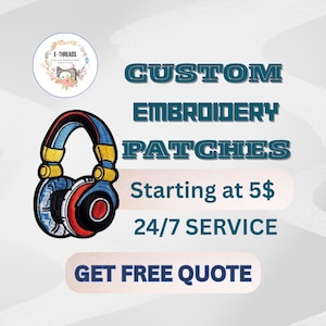 May include: Custom embroidery patches featuring a colorful headphone design. The image includes the text "CUSTOM EMBROIDERY PATCHES" and "GET FREE QUOTE". The logo for E-Threads is in the upper left corner.