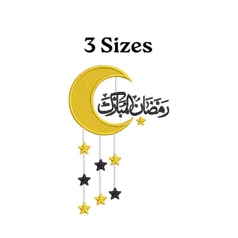 May include: Embroidered design featuring a gold crescent moon with Arabic calligraphy and hanging stars in gold and black. The text "3 Sizes" is above the design, indicating available size options. The design is on a white background.