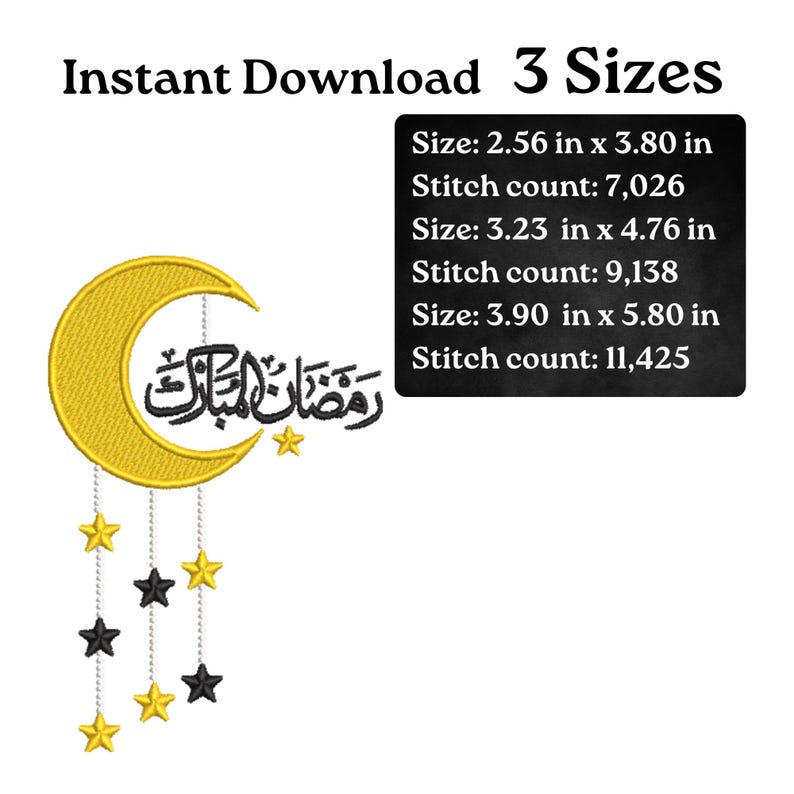 May include: An embroidery design featuring a gold crescent moon and Arabic calligraphy that reads "Ramadan Mubarak." The design includes hanging gold and black stars. The image also includes size and stitch count information.