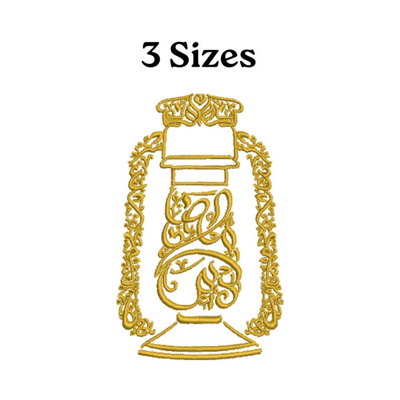May include: A gold-colored embroidered design of a lantern with ornate detailing. The design includes the text "3 Sizes" at the top. The lantern features a decorative floral border and intricate patterns.