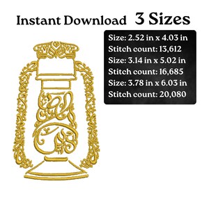 May include: A golden embroidered design of a lantern with ornate detailing. The image includes text indicating three size options: 2.52 x 4.03 inches, 3.14 x 5.02 inches, and 3.78 x 6.03 inches, along with stitch counts for each size.