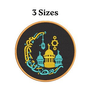 May include: Embroidered patch with a black background and a gold border. The design features a mosque with a yellow dome and turquoise minarets, a crescent moon, and Arabic script. The text "3 Sizes" is at the top.
