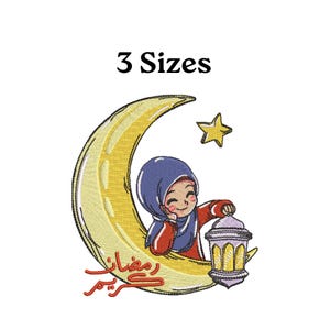 May include: An embroidered design featuring a cartoon girl in a hijab seated on a crescent moon, holding a lantern. A star is above the moon. The text "3 Sizes" is at the top, and Arabic script is at the bottom. The design is in shades of yellow, red, and blue.