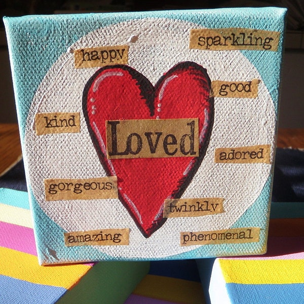 4 x 4 Canvas Collection Heart Art Encouragement Art Turquoise Red Heart Word Art