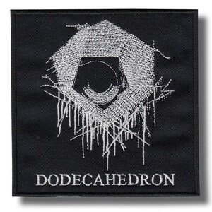 May include: Black square patch featuring a white embroidered dodecahedron design. The geometric shape has a textured, woven appearance with a central circular element and dangling lines. The word "DODECAHEDRON" is embroidered in white at the bottom.