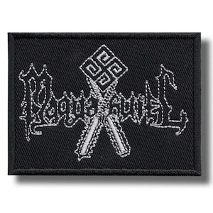 May include: Black rectangular patch with white embroidered text and symbols. The text appears to be a band name, with two crossed saw blades and a geometric design. The patch has a black border.