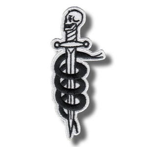 May include: Embroidered patch featuring a black and white design. The patch depicts a dagger with a skull on the handle, intertwined with a snake. The design is outlined with a white border, creating a striking contrast against the black and white elements.