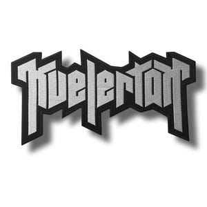 May include: A black and white embroidered patch with the word "Muelerton" in a gothic font. The patch has a jagged border and a shadow effect. Suitable for application on clothing or accessories. The design is bold and eye-catching.