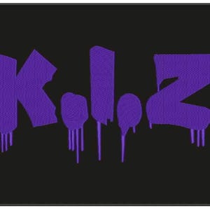 Könnte beinhalten: Ein schwarzer Hintergrund mit dem lila Wort "K.I.D.Z" im Graffiti-Stil. Die Buchstaben haben eine strukturierte Optik und einen tropfenden Farbeffekt. Das Bild ist ein Grafikdesign.