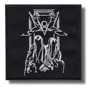 May include: Black square patch with a white, stylized, gothic design. The design features a pentagram, inverted cross, and other occult symbols. The patch is likely for clothing or accessories, and is a representation of the gothic subculture.