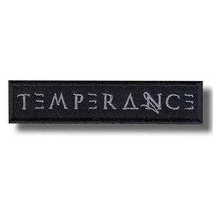 May include: A rectangular black embroidered patch with the word "TEMPERANCE" in light gray thread. The patch has a simple, clean design, with the text centered and a small symbol.