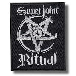May include: Black rectangular patch with white embroidered text and design. The text reads "Superjoint Ritual" above and "Ritual" below a white pentagram with a cannabis leaf in the centre.