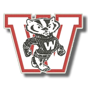 Op de afbeelding: Een wit en rood embleem met een cartoon das die een trui draagt met een grote witte "W". De das is zwart-wit met een boze uitdrukking. Het embleem heeft de vorm van een rood omrandde "W".