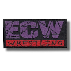 May include: A rectangular patch with the letters "ECW" in purple, stitched with a barbed wire design, above the word "WRESTLING" in red. The patch has a black background and a white border.