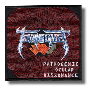Puede incluir: Parche bordado con la palabra "Furnace" en azul y blanco, con un diseño naranja y amarillo. El parche tiene el texto "Pathogenic Ocular Dissonance" en blanco. El fondo es rojo con un borde negro.