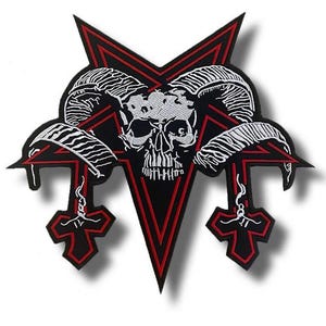 May include: Black and red embroidered patch featuring a white skull with horns, a pentagram, and inverted crosses. The patch has a detailed design with a gothic or heavy metal theme.