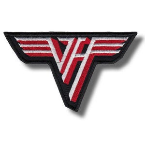 May include: Embroidered patch featuring a stylized "VH" logo in red and white stripes, outlined in black. The design includes wing-like elements and a triangular base, suitable for application on clothing or accessories.