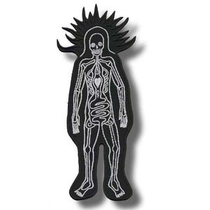 May include: Black embroidered patch depicting a human figure with a skeletal design. The figure has a skull head and a detailed depiction of the internal organs and skeletal structure, outlined in white thread.