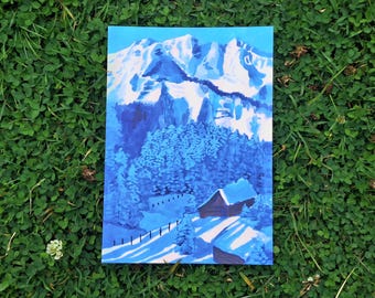 Snowy Mountain Art Postcard, A5 Painting Print