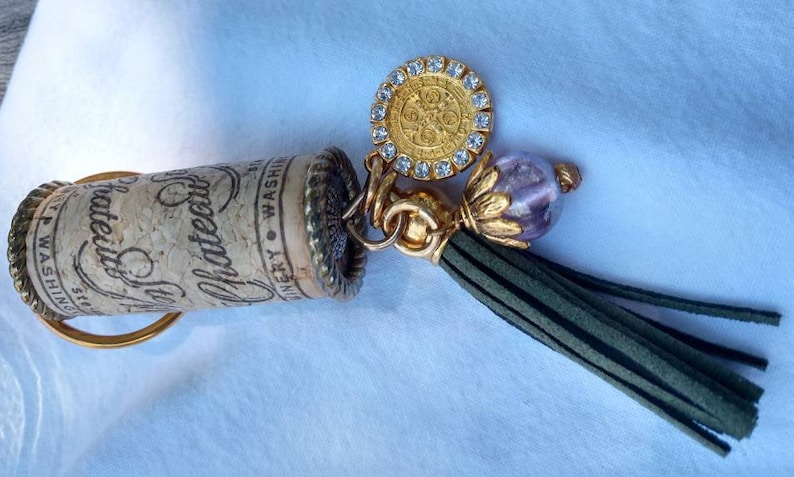 Keychain with Leather Tassel,focal bead and St Benedict medal