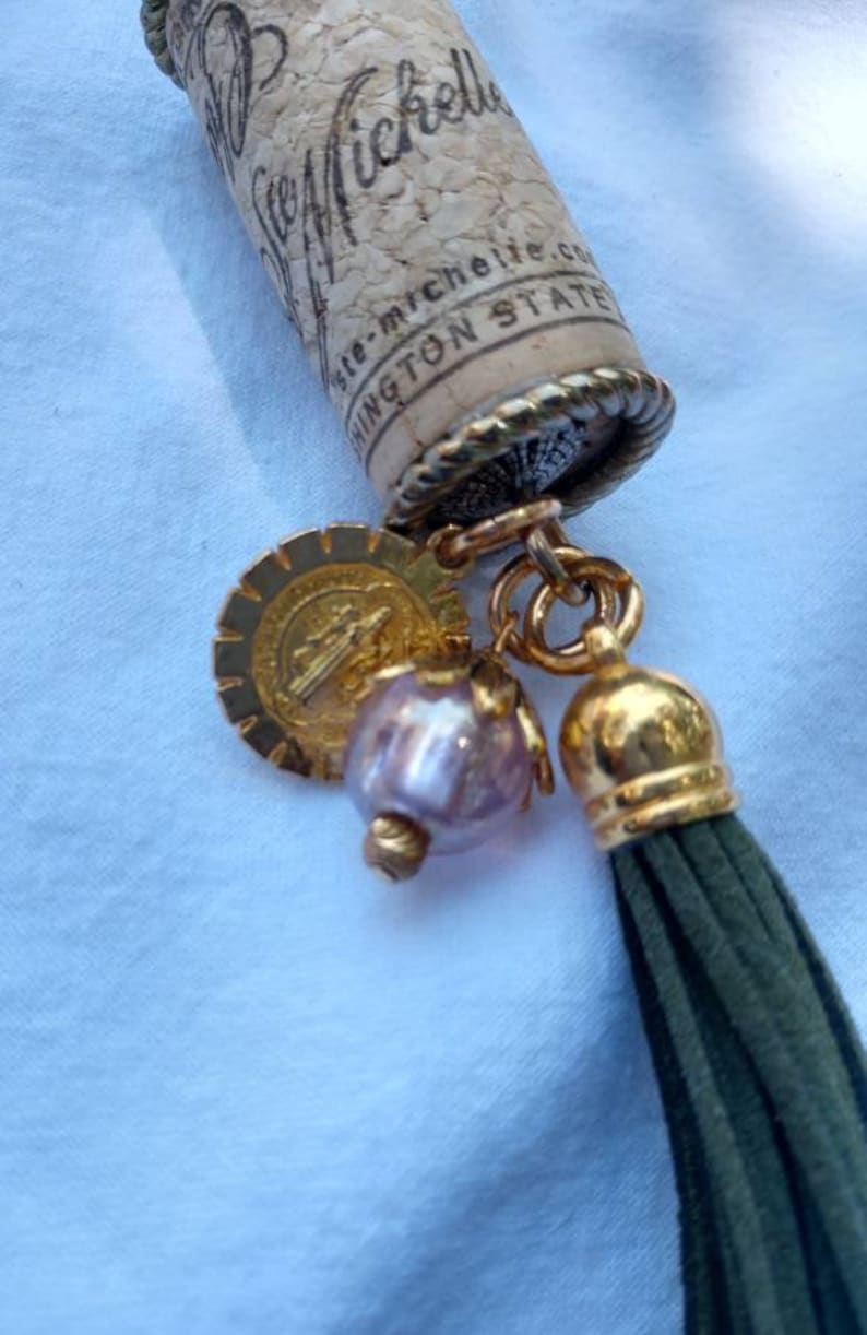 Keychain with Leather Tassel,focal bead and St Benedict medal