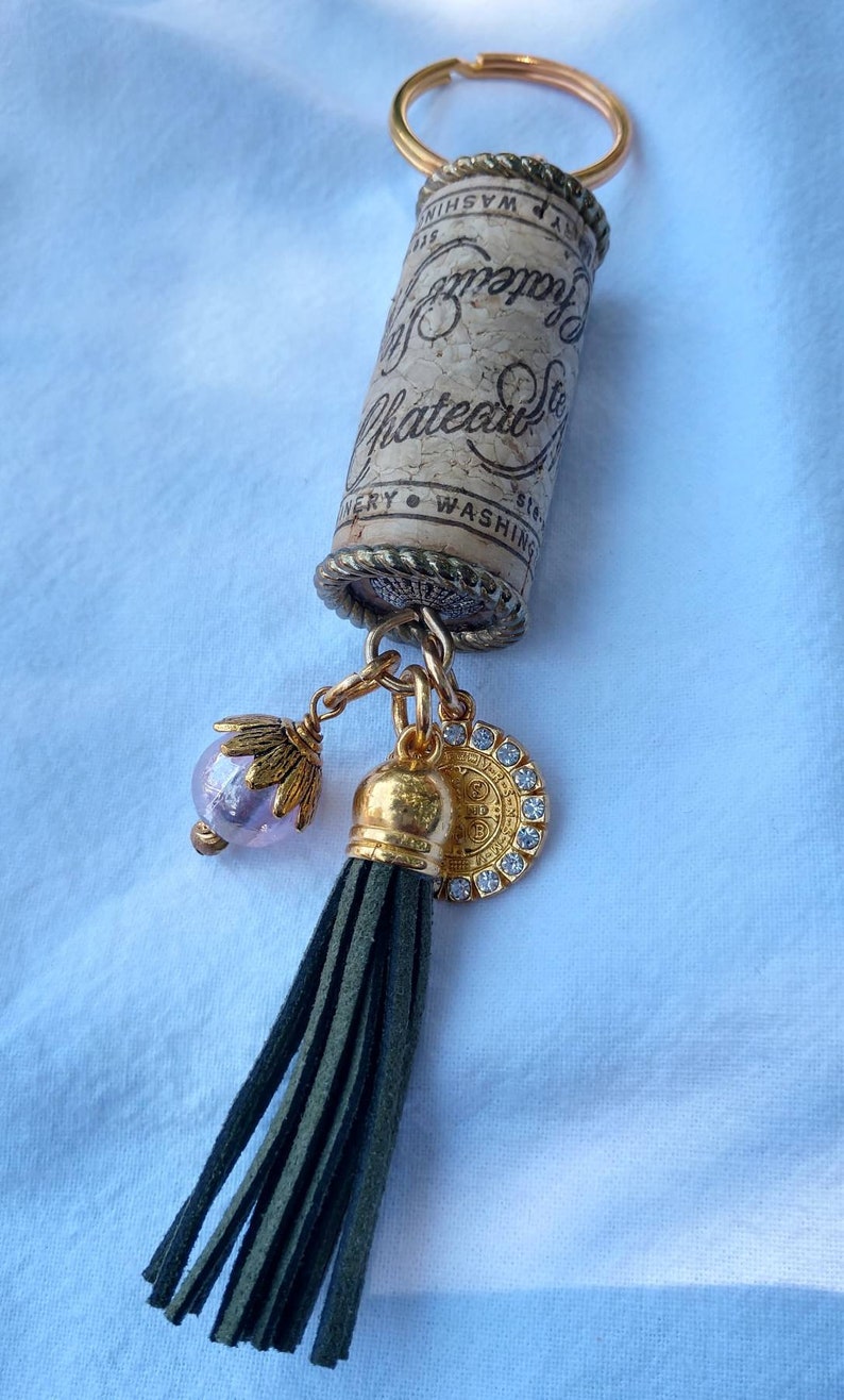 Keychain with Leather Tassel,focal bead and St Benedict medal