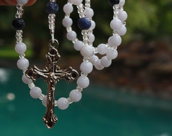Childrens Rosary in Pale Milky Blue Agate & Papal Center