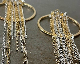 Unique Large Dangling 24k Vermeil Gold Hoop Earrings with Mixed Metal Chains Semi-Precious Beads One-of-a-Kind