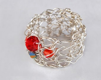 Sterling Silver Wire Crochet Ring Band with Swarovski Crystal