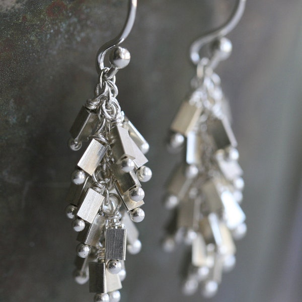 Sterling Silver Faceted Metal Bead Cluster Short Drop Earrings