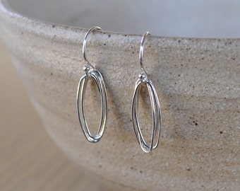Small Simple Sterling Silver Wire Oval Linear Earrings